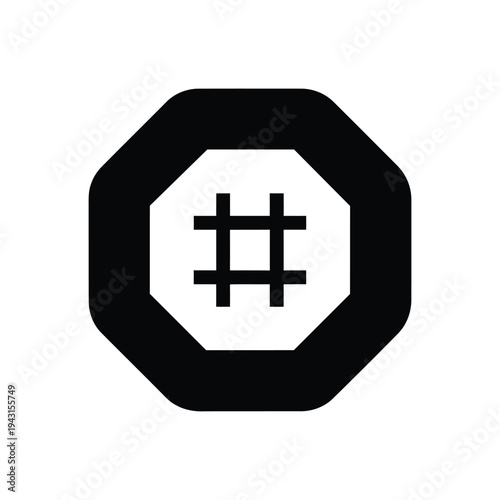 octagon frame with hash symbol emblem.
