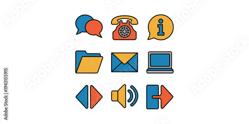 Assorted icons representing communication methods and devices in a row. Vector