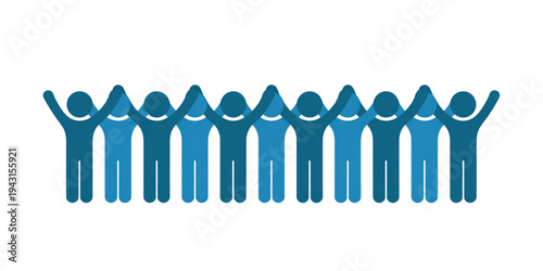 A group of blue human figures standing in a row with their arms raised in the air Vector