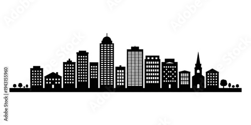 A detailed black and white skyline illustration of a city with various buildings Vector