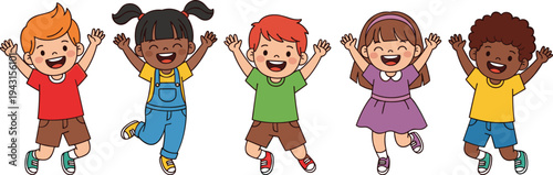 Happy diverse cartoon children jumping with raised hands, cute multicultural kids celebrating friendship, playful childhood joy, colorful characters isolated on white background illustration