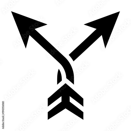 Two crossing arrows splitting from a single source representing decision making, choice, and strategic direction