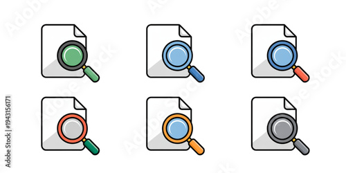 Eight icons of magnifying glasses examining documents with different colored borders and symbols. Vector