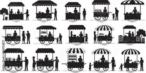 A collection of black and white silhouettes of various market stalls and vendors interacting with customers, showcasing a lively street market atmosphere