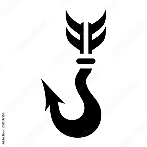 Minimalist fish hook and arrow hybrid icon representing precision targeting, marketing strategy, and customer acquisition.
