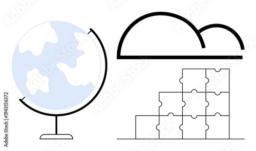 Global connectivity concept. Globe, cloud, and puzzle symbols highlight global collaboration, innovation, and problem-solving. Global connections for teamwork, education, business and technology