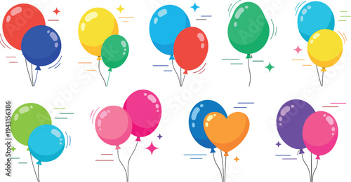 Colorful floating balloon collection with bright glossy balloons festive birthday party celebration decoration vector illustration set