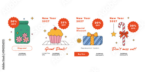 New Year 2027 Festive Shopping Deals – Illustrated Discount Banners Featuring 50%, 25%, 20% & 30% OFF