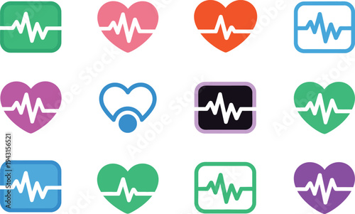 Collection of colorful heart icons with ecg lines on isolated for medical and health concepts