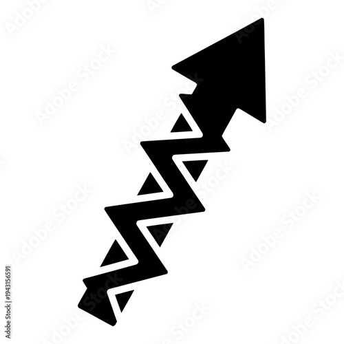 Black zigzag arrow pointing up representing financial growth, market volatility, and energetic progress