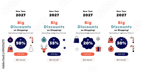 New Year 2027 Shopping Deals – Cozy Illustrated Banners Featuring 50%, 35%, 20% & 30% OFF