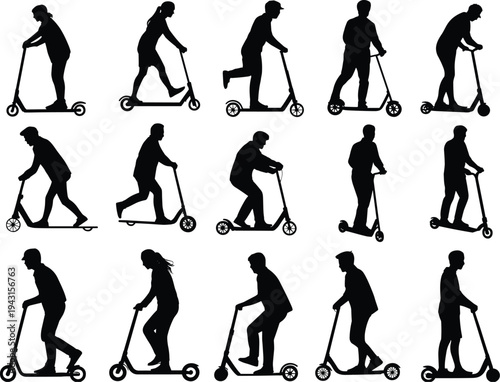 Vector Silhouette Set of People Riding Electric Scooters, Black Silhouettes of Men and Women Using Kick Scooters Isolated on White Background