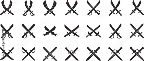 Collection of various stylized sword icons, symbolizing combat, defense, and historical weaponry for design and illustration projects