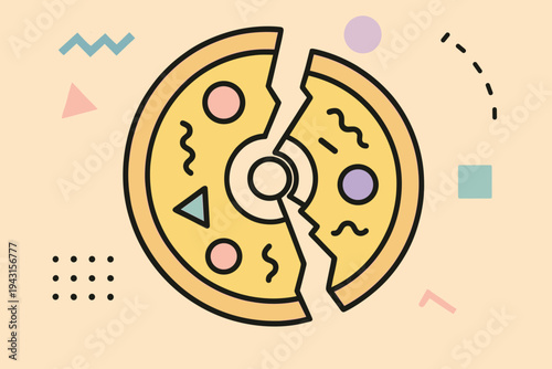 Colorful pizza slice illustration with geometric patterns and pastel background