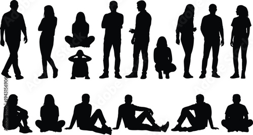 Black silhouettes set of diverse women sitting in chairs during a group discussion therapy session or support meeting isolated on white background for community