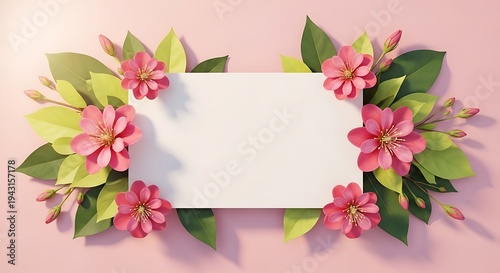 Floral frame with pink flowers and green leaves on a soft pink background