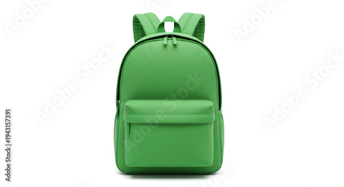Green backpack with two straps and front pocket on white background transparent background