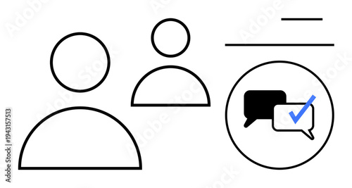 Two simple user avatars connected to a chat bubble with a checkmark, highlighting communication, collaboration, and confirmation. Ideal for teamwork, messaging, verification, networking, discussion