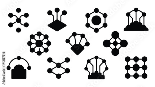 Collection of twelve sleek black vector molecular and chemical bond icons on white background for science and technology designs