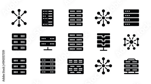 Bundle of network server and database icons in black silhouette on white background for technology and data storage concepts