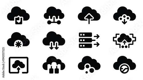 Cloud data storage icons set silhouette bundle for cloud computing data transfer and storage concepts