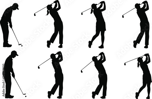 Black silhouettes set of men and women performing various yoga poses and fitness exercises including stretching and balancing isolated on white background for wellness