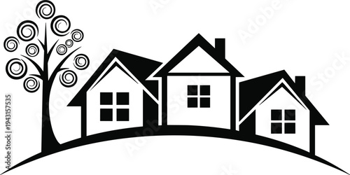 Black silhouette vector illustration of a quiet suburban neighborhood featuring three residential houses and a stylized tree on a hill