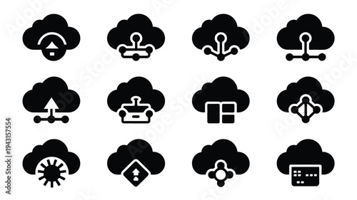 Cloud data storage icons set with various symbolic representations
