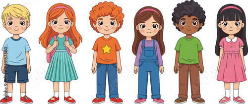 Multicultural cartoon children characters standing together, cute diverse kids collection showing friendship, childhood diversity and unity illustration isolated on white background