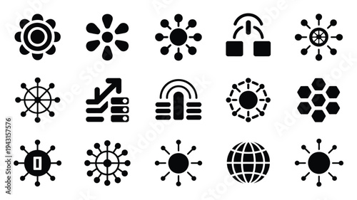 Bundle of internet network icons in black silhouette on white background for technology and communication concepts