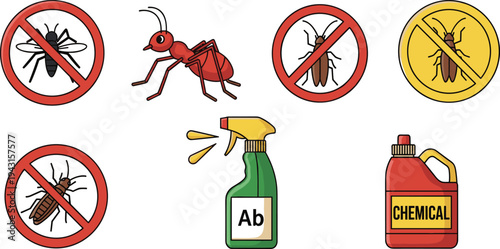 Pest Control Icons with Ant Mosquito Cockroach Spray Bottle and Chemical Insect Repellent Vector Illustration Set
