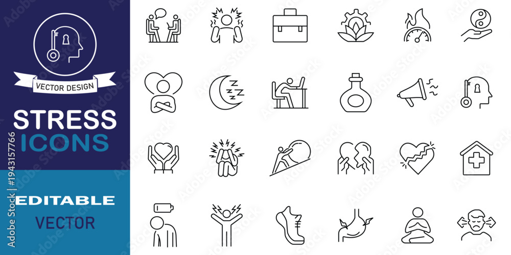 Fototapeta premium Stress line icon set symbol collection. Set of 24 outline icons including as relaxation, empathy, self‑care, emotional support, anxiety, meditation, relaxation and more. Linear vector illustration.