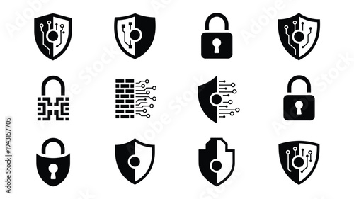 Collection of 12 sleek black vector security icons including shields locks and digital protection symbols for cybersecurity and data privacy concepts