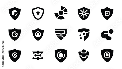 Collection of 20 advanced cybersecurity shield logos and symbols in black silhouette on white background for secure technology concepts