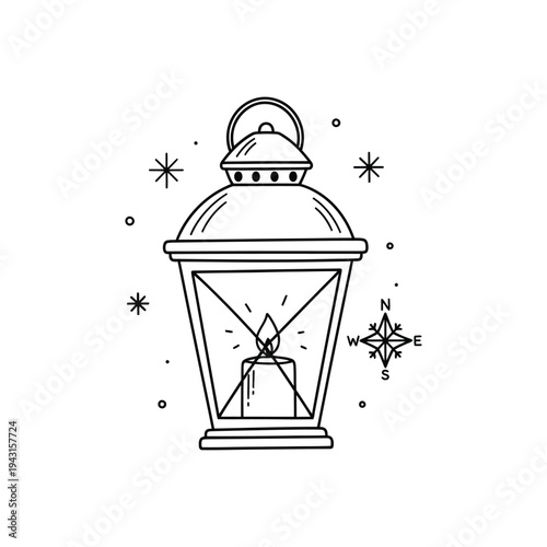 Lantern with candle flame and glass enclosure.