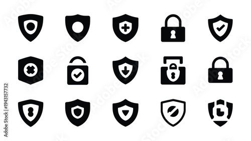 Bundle of internet security icons with shields and locks on white background for cybersecurity concepts
