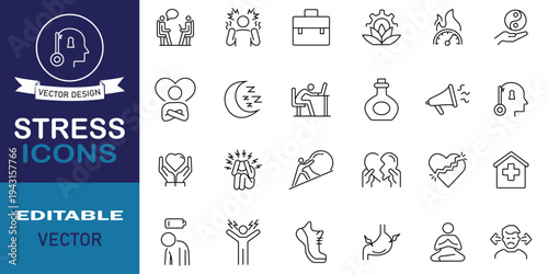 Stress line icon set symbol collection. Set of 24 outline icons including as relaxation, empathy, self‑care, emotional support, anxiety, meditation, relaxation and more. Linear vector illustration.
