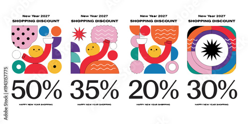 New Year 2027 Shopping Discount – Abstract Modern Promo Posters Featuring 50%, 35%, 20% & 30% OFF
