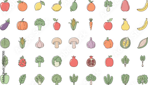 Hand Drawn Fruits and Vegetables Icon Set with Apple Lemon Pumpkin Corn Garlic Mushroom and Fresh Food Elements Vector