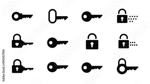 Bundle of encryption and security icons featuring keys and locks in black silhouette on white background for digital and design projects