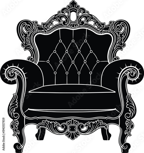 Ornate black vintage armchair with tufted backrest and detailed carvings on white background.