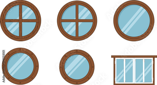 Round Porthole Windows and Wooden Window Frames Collection Nautical Ship Window Vector Illustration Set Isolated