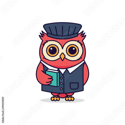 Cartoon Owl Graduate Wearing Cap Holding Book.