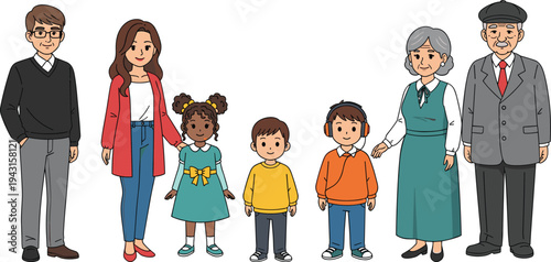 Multigenerational family cartoon illustration with grandparents, parents and children standing together, happy family members characters collection isolated on white background