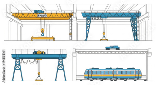 Illustrations of Industrial Cranes and Transportation Systems in a Factory Setting.