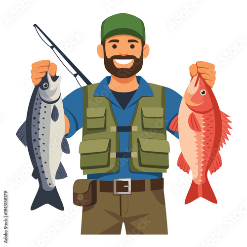 Happy fisherman holding two fresh caught fish