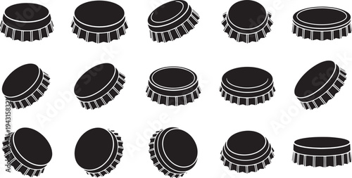 Versatile graphic elements featuring an array of bottle cap illustrations in various orientations, perfect for beverage packaging design and branding projects