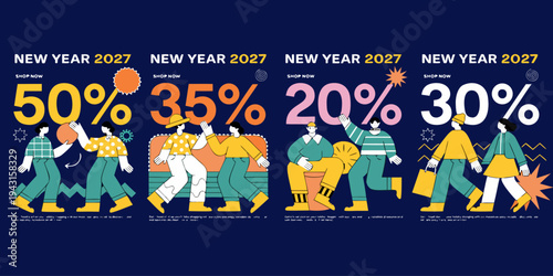 New Year 2027 Super Sale – Festive Shopping Promo Designs Featuring 50%, 35%, 20% & 30% OFF
