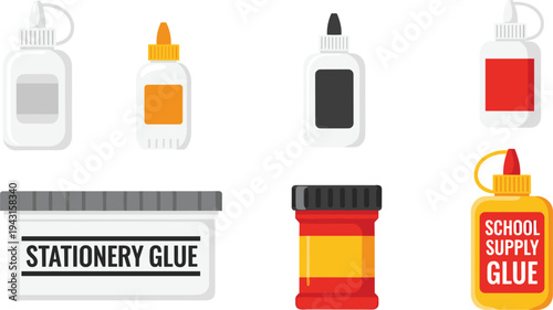 School Glue Bottles and Stationery Adhesive Containers Collection Office Supply Vector Illustration Set