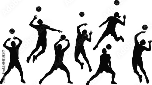 Black silhouettes set of professional volleyball players jumping spiking and serving during a match isolated on white background for competitive sports and teamwork concepts